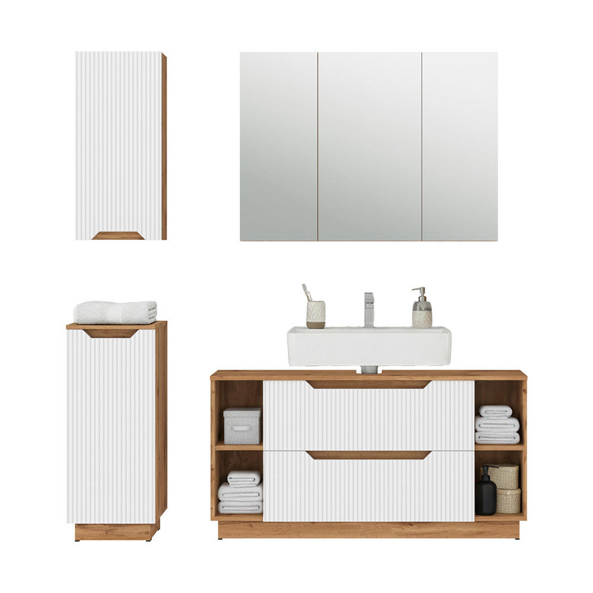 BADMÖBEL-SET Lotta Eiche/weiß gestreift 4 Teile - Eichefarben/Weiß, Holzwerkstoff (119.2/62.5/35cm) - Vicco