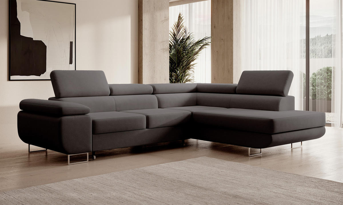 ECKSOFA Stevil Dunkelgrau Velours - Dunkelgrau/Silberfarben, Textil/Metall (275/203cm) - Selsey