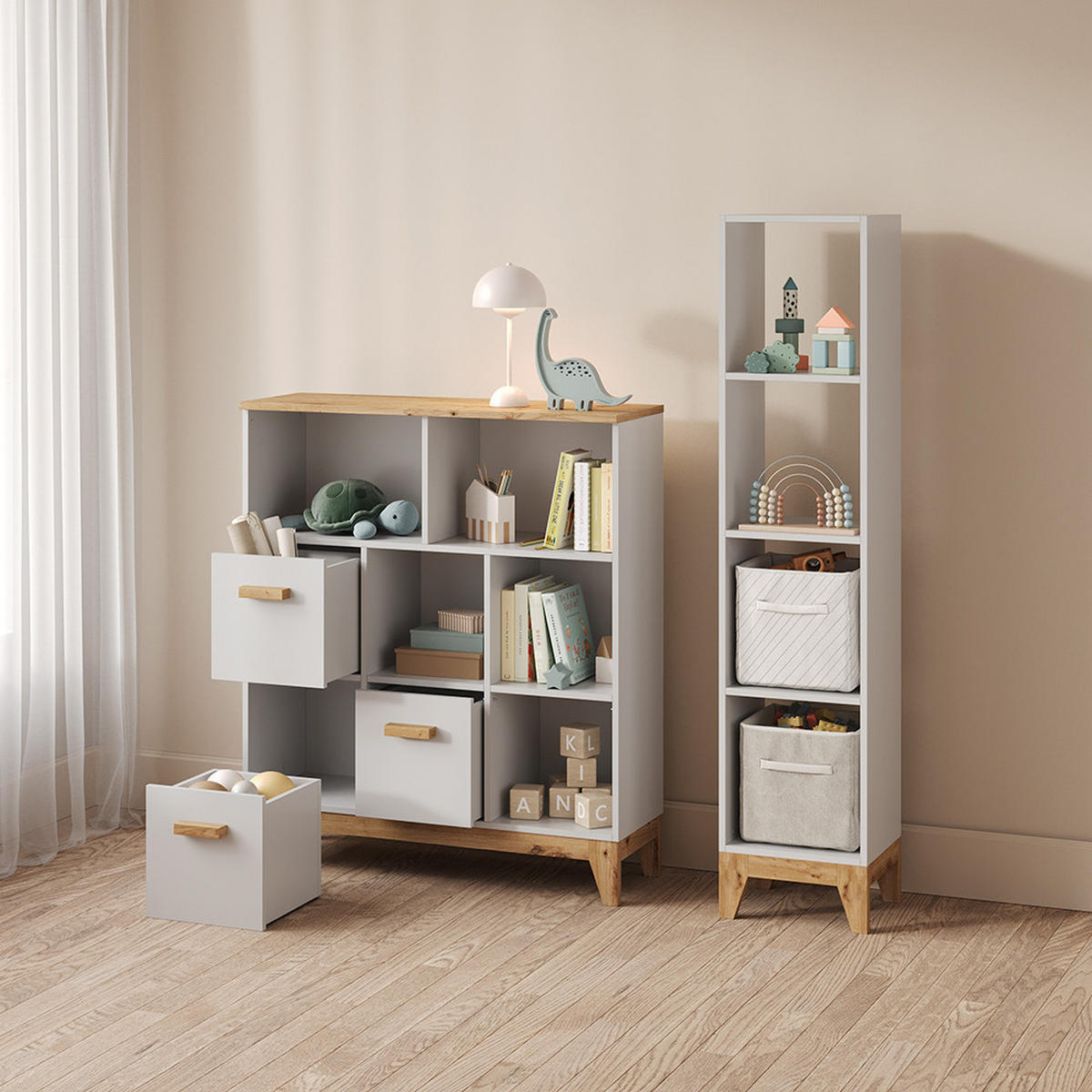 KINDERREGAL Mailo Weiß/Artisan 98.4 x 113.4 cm XL mit 3 Schubladen - Weiß/Eiche Artisan, Holzwerkstoff (98.4/113.4/32.6cm) - Livinity®