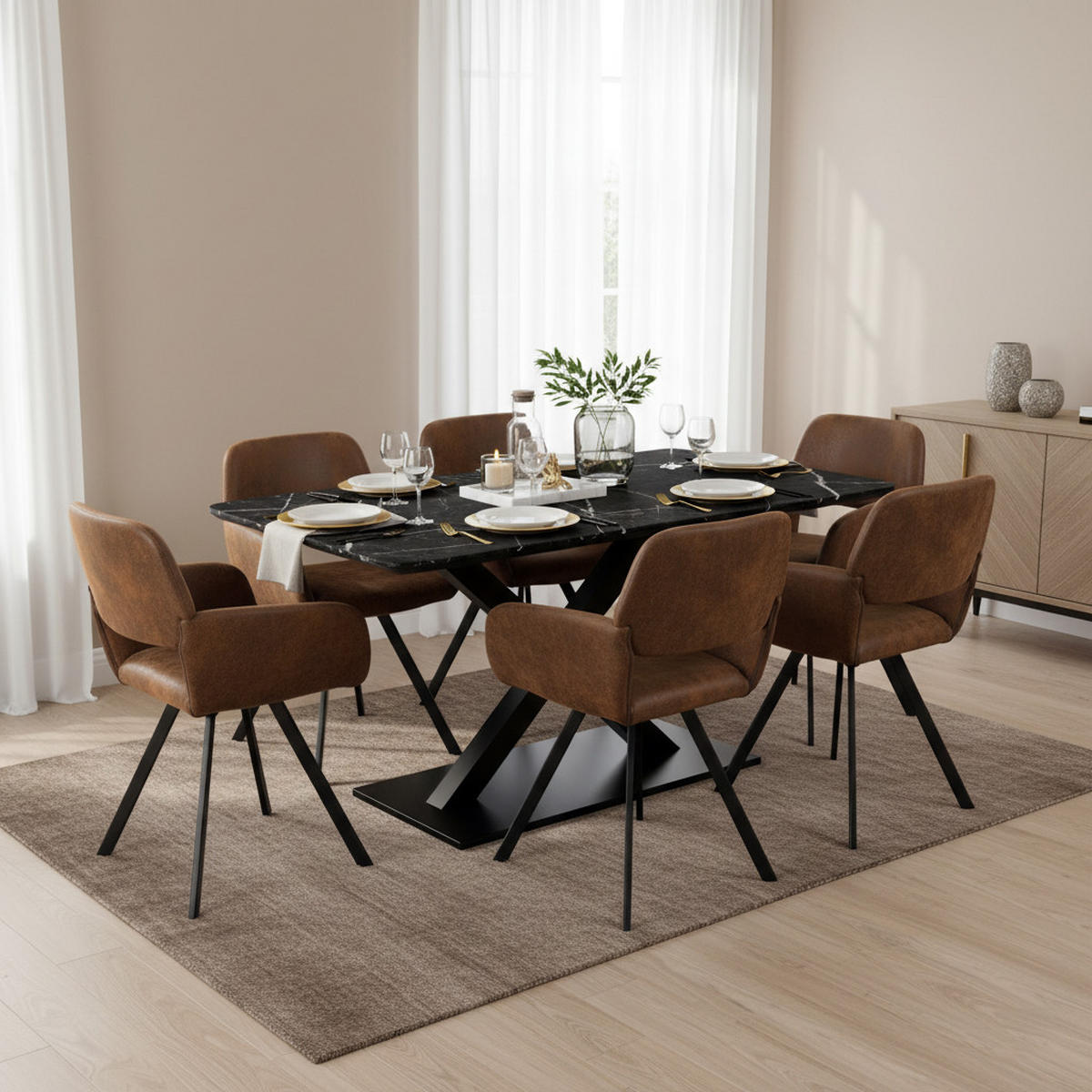 TISCHGRUPPE 7-teilig Ausziehtisch Schwarz Marmoroptik & 6x 360° Drehstühle in Vintage Braun - Schwarz, Holzwerkstoff/Textil (160/75/80cm) - Urban Meuble