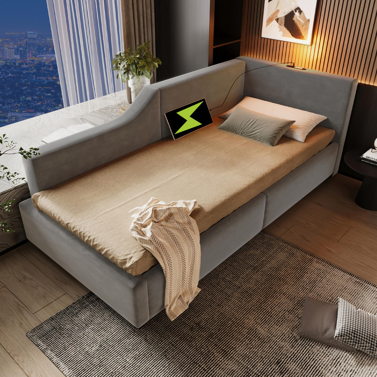 TAGESBETT 90/190 cm Grau mit hydraulischem Stauraum und USB-C-Ladefunktion - Grau, Textil (90/190cm) - OKWISH