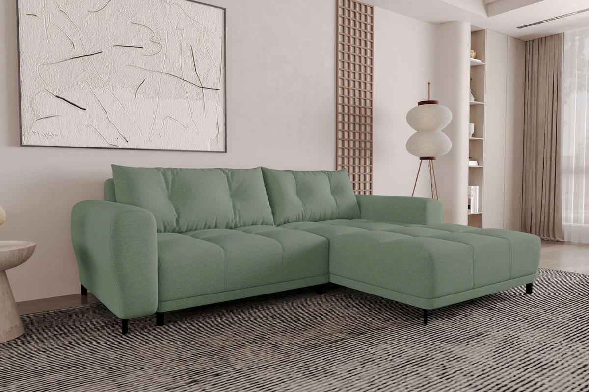 ECKSOFA Massimo Strukturstoff Salbeigrün inkl. Schlaffunktion Rechts - Salbeigrün/Schwarz, Textil/Metall (246/177cm) - 99rooms