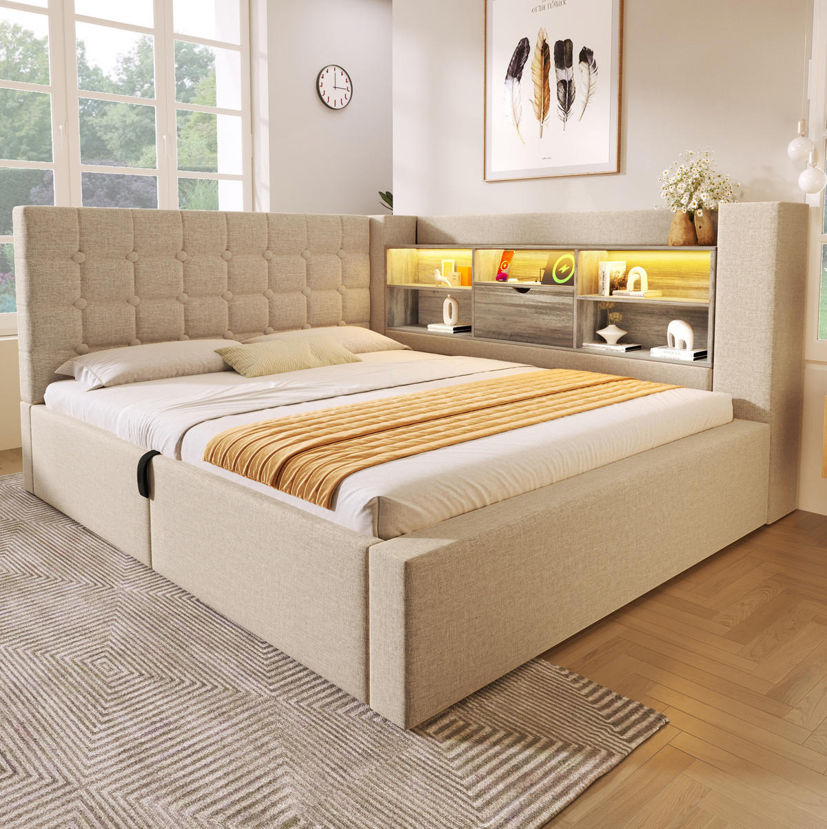 POLSTERBETT 140/200 cm mit LED-Beleuchtung und Bettkasten in Beige - Beige, Textil (140/200cm) - BEAOK