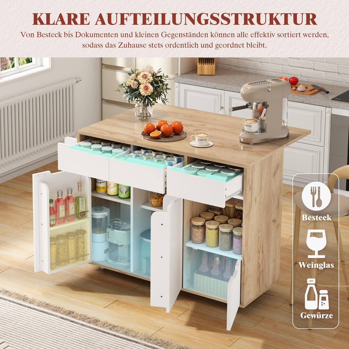 SCHRANK/SIDEBOARD 120x46x85cm Weiß mit 360°Rollen, Schubladen & Fächern - Weiß, Holzwerkstoff (120/85/46cm) - Modfu