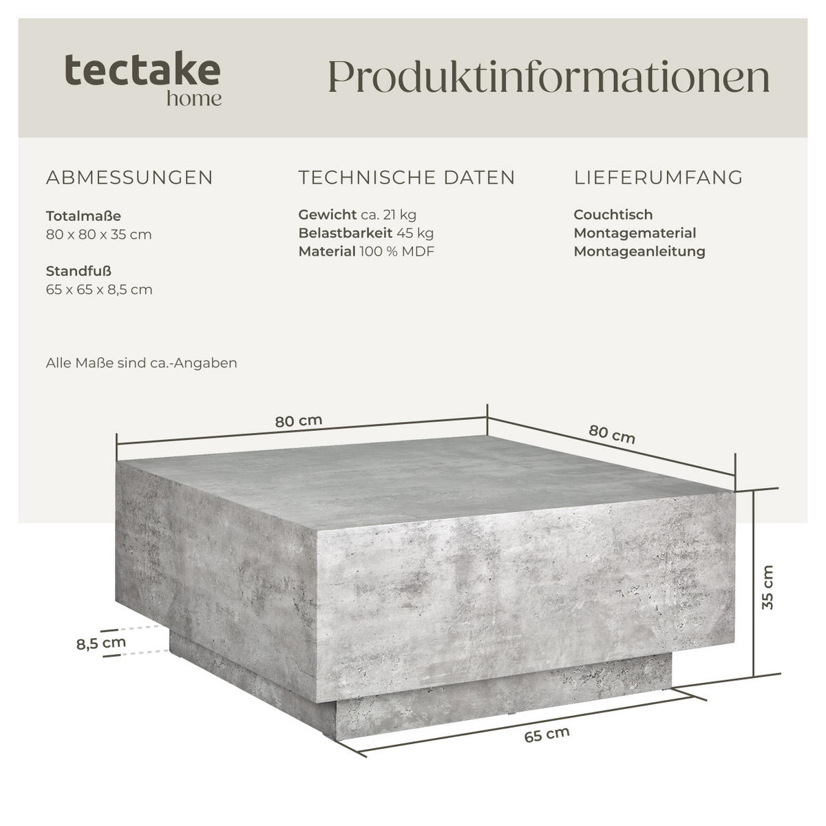 COUCHTISCH Lasley,80 x 80 x 35 cm,Beton Optik - Grau, Holz (80/80/35cm) - tectake