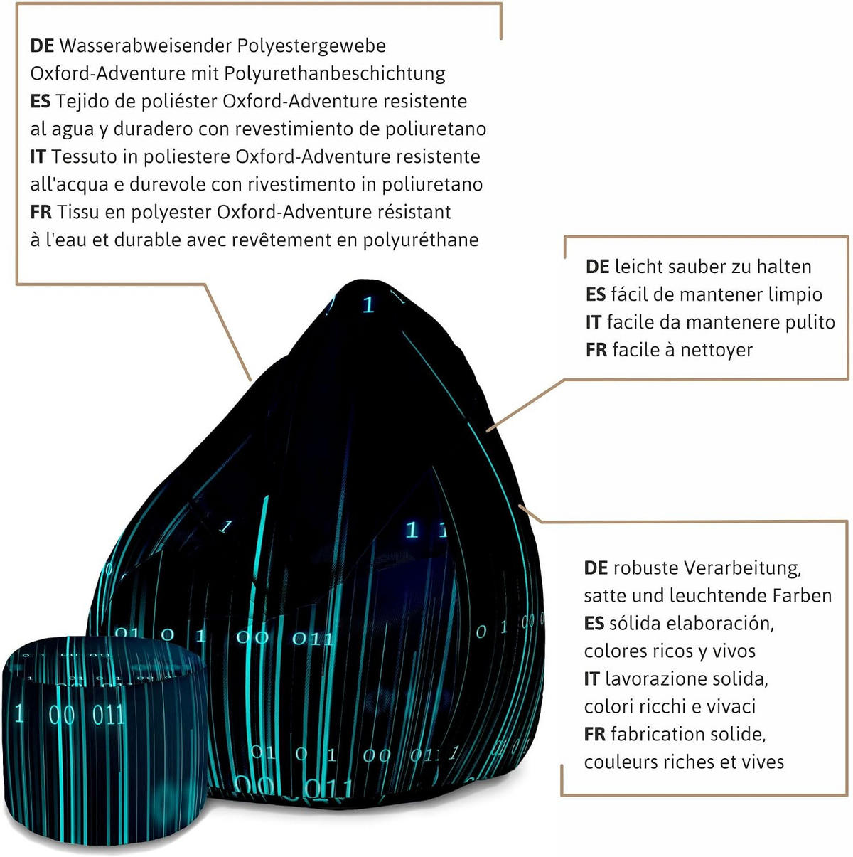 SITZSACK PEARSHAPE MIT FUßSTÜTZE Velvet 2-tlg Binary Code M - Blaugrau, Textil (70/120/70cm) - Dreamroots