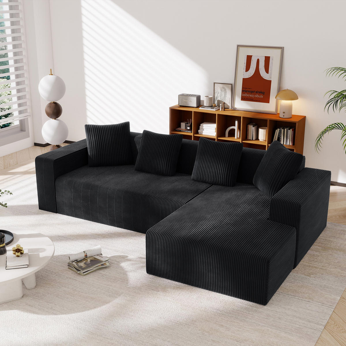 MODULARES Ecksofa Cord tiefe Sitzfläche, Liegeelement 261/146/65 cm Schwarz - Schwarz, Textil (146/261cm) - Redom