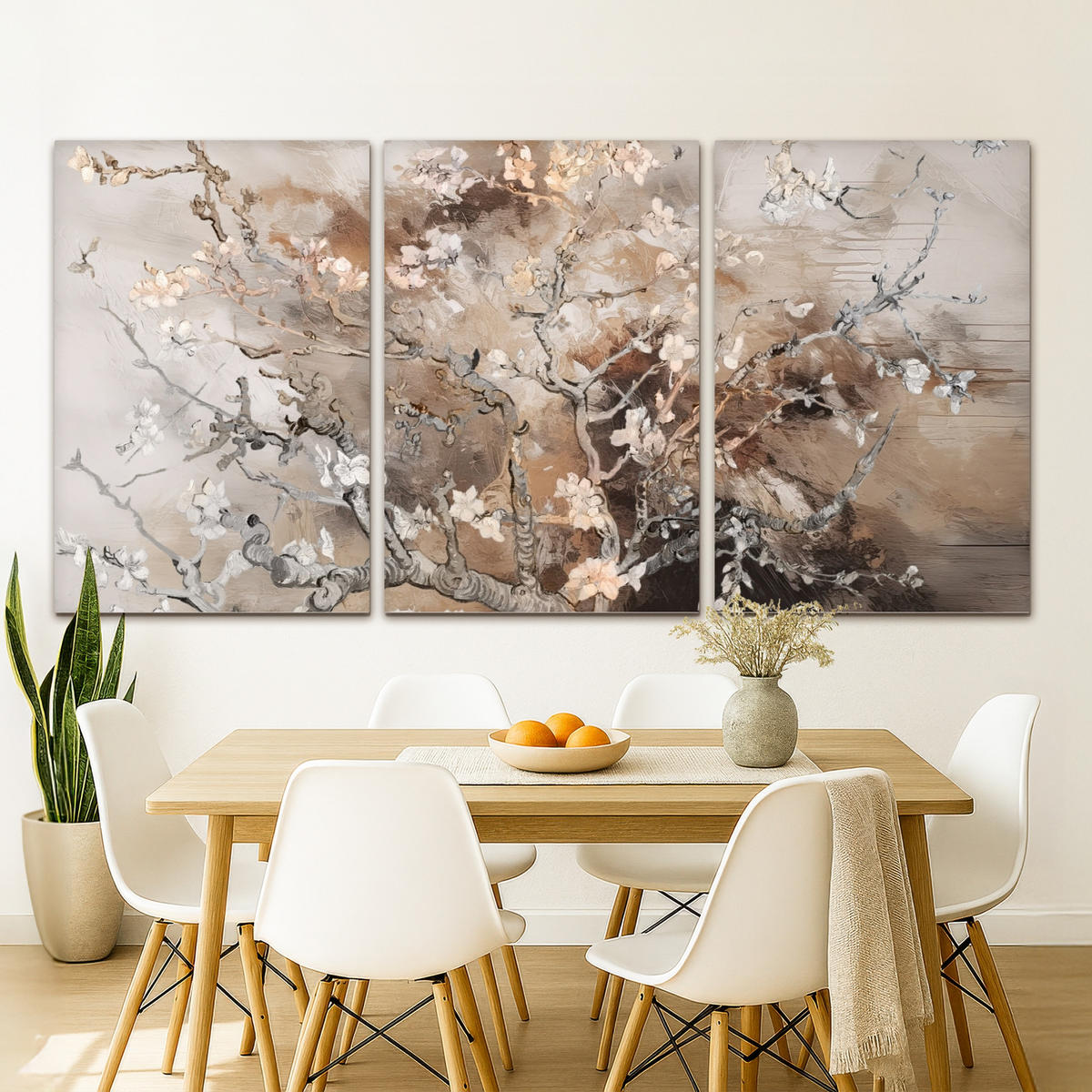 LEINWANDBILD 3er Set Mandelblüte - Abstrakt - Beige 240x120 cm - Beige, Textil (240/120cm) - MuchoWow