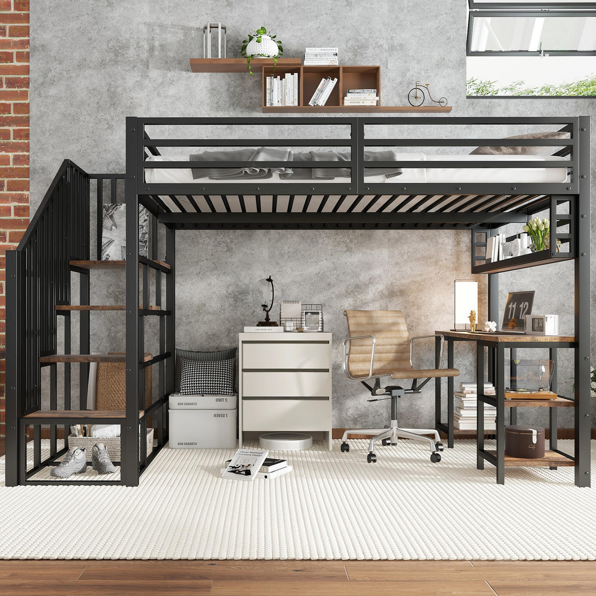 HOCHBETT 120/200 cm in Schwarz & Dunklem Walnuss mit Treppe, Schreibtisch und Regal Metall - Schwarz, Holzwerkstoff/Metall (120/200cm) - CHICFURN