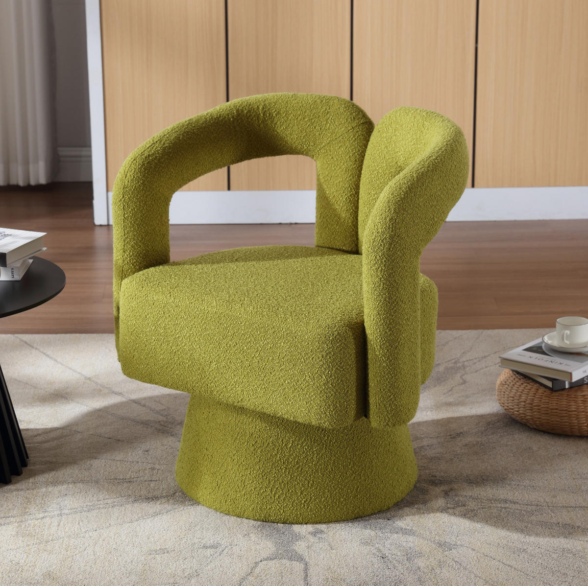 OTOČNÉ kreslo 55/67/74 cm olivovozelené s 360° otáčaním z buklé - olivovozelená, textil (55/74/67cm) - OKWISH