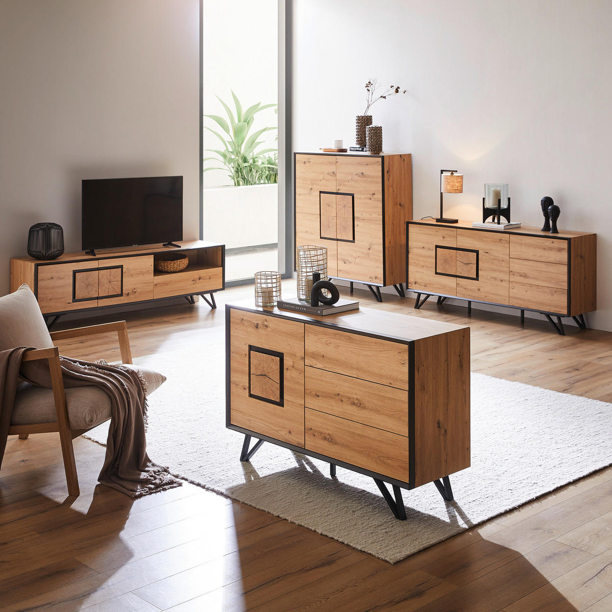 SIDEBOARD - Eiche Dekor / Schwarz - Schwarz/Braun, Holzwerkstoff/Metall (160/75/40cm) - home24