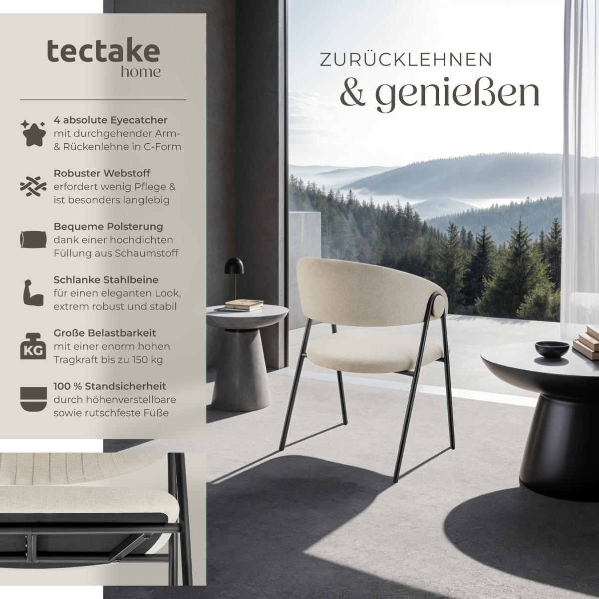 ARMLEHNSTUHL 4er Set Bedano 60 x 58 x 85 cm greige - Greige, Kunststoff (60/85/58cm) - tectake