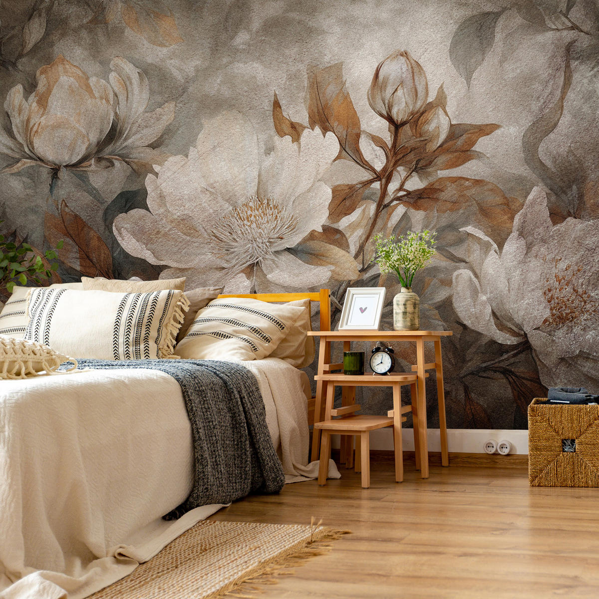 FOTOTAPETE Blumen Blätter Pflanzen Natur Retro Stil 270x180cm - Beige/Braun, Papier (270/180cm) - Muralo