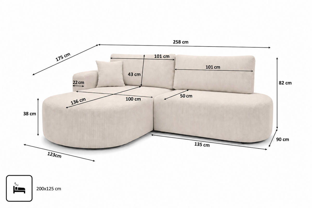 ECKSOFA Mit Schlaffunktion Und Bettkasten, Cordstoff Poso, Beige, Links, ROUND ONE OPEN XL - Creme, Holz (258/175cm) - Kaiser Möbel