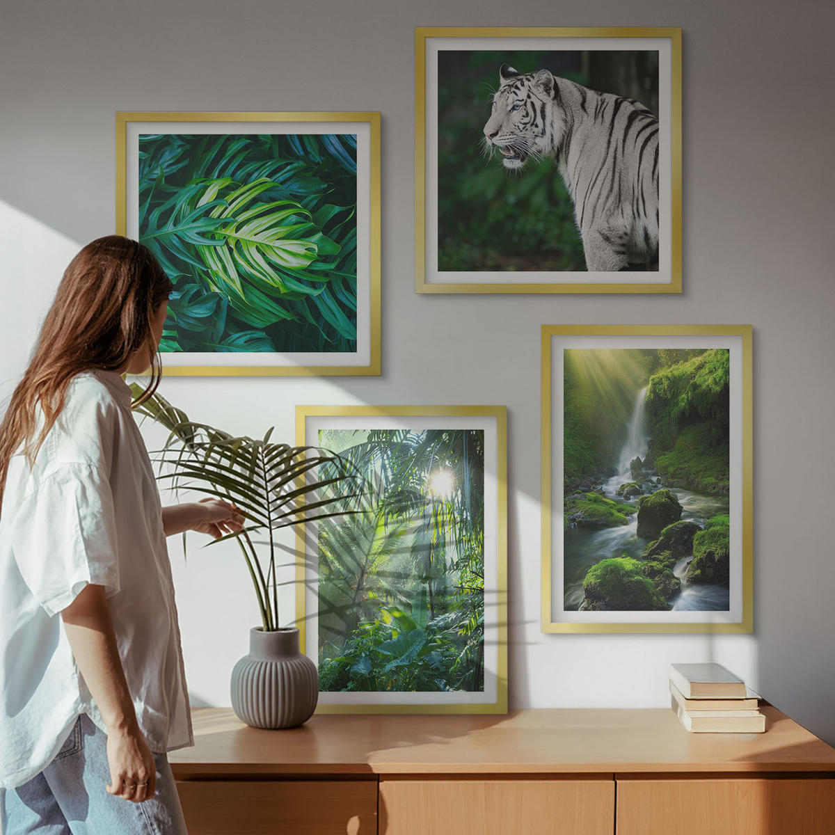 BILDER SET 4er Set - 50x50 cm & 40x60 cm Goldrahmen - Dschungel-Weißtiger-Wasserfall - Goldfarben, Kunststoff (50/50cm) - TULUP