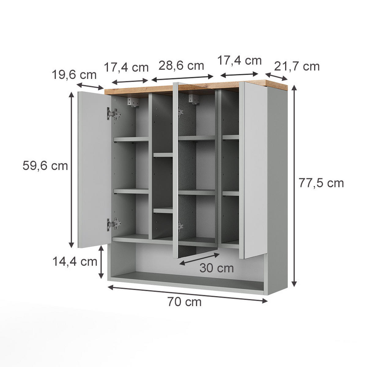 BADSPIEGELSCHRANK Eden Grau/Artisan 70 x 77.5 cm mit 3 Spiegeltüren - Hellgrau/Grau, Holzwerkstoff (70/77.5/21.7cm) - Vicco
