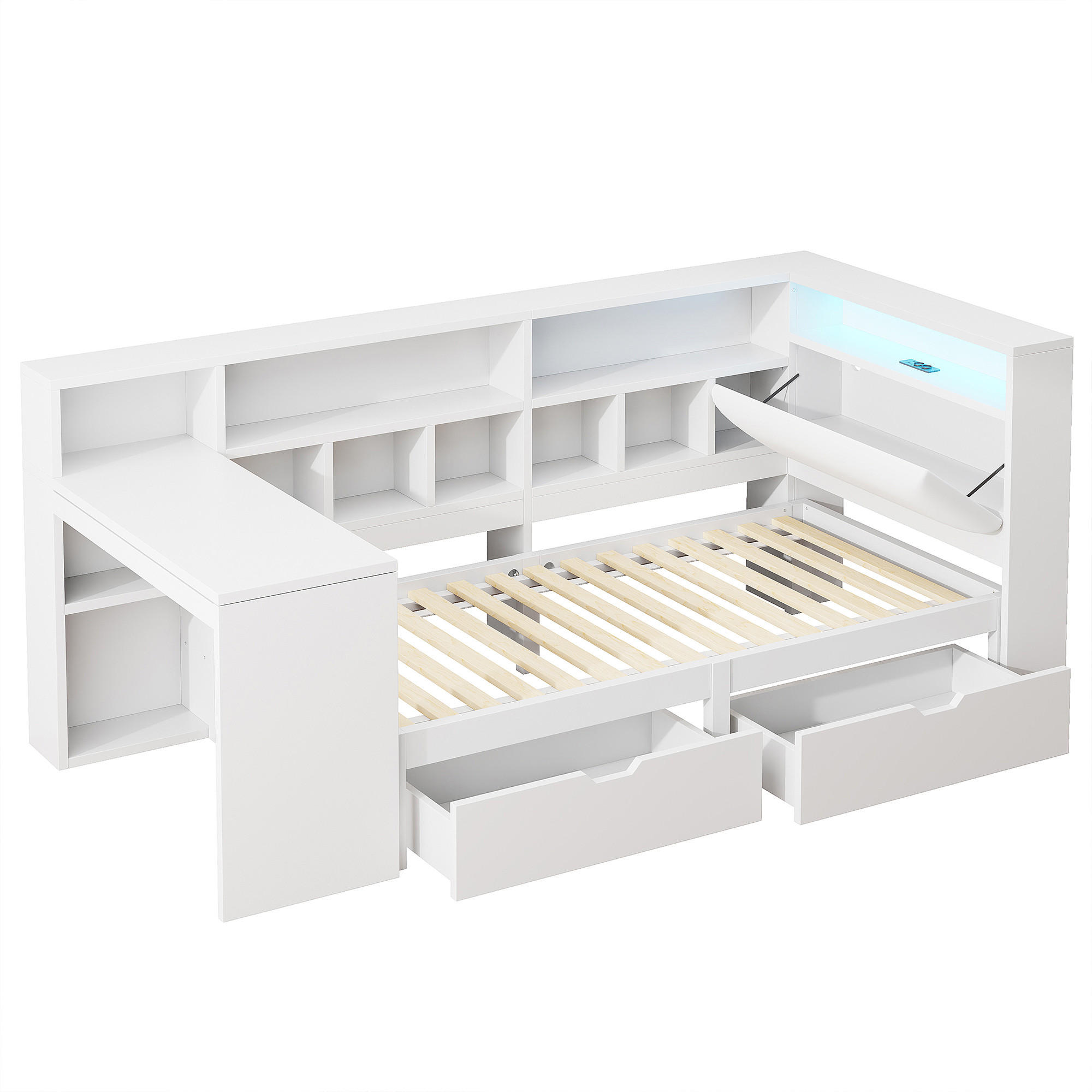 STAURAUMBETT 90/200 cm DE-03367, mit Bücherregal, gepolstertem Kopfteil, Schubladen und LED, in Weiß - Weiß, Holzwerkstoff (90/200cm) - ComfortXL