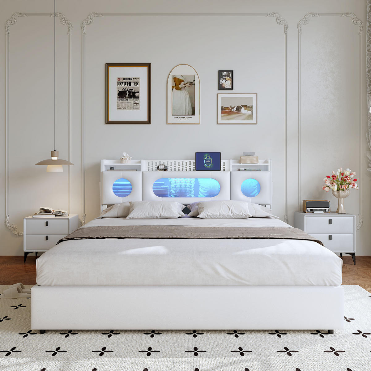 POLSTERBETT 140/200 cm Weiß mit hydraulischem Stauraum, LED-Kopfteil mit Ablage und USB-Anschluss - Weiß, Metall (140/200cm) - EuroLiving