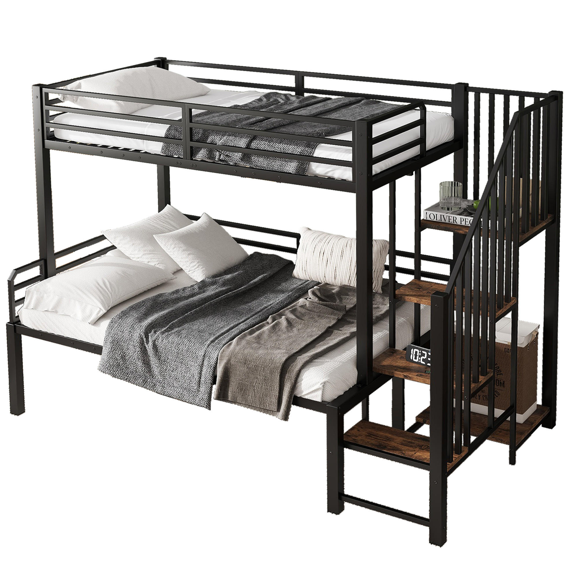 ETAGENBETT 90/120x200 cm aus Metall mit Eckleiter und Stauraum in Schwarz - Schwarz, Holzwerkstoff (90/200cm) - Flora Grace