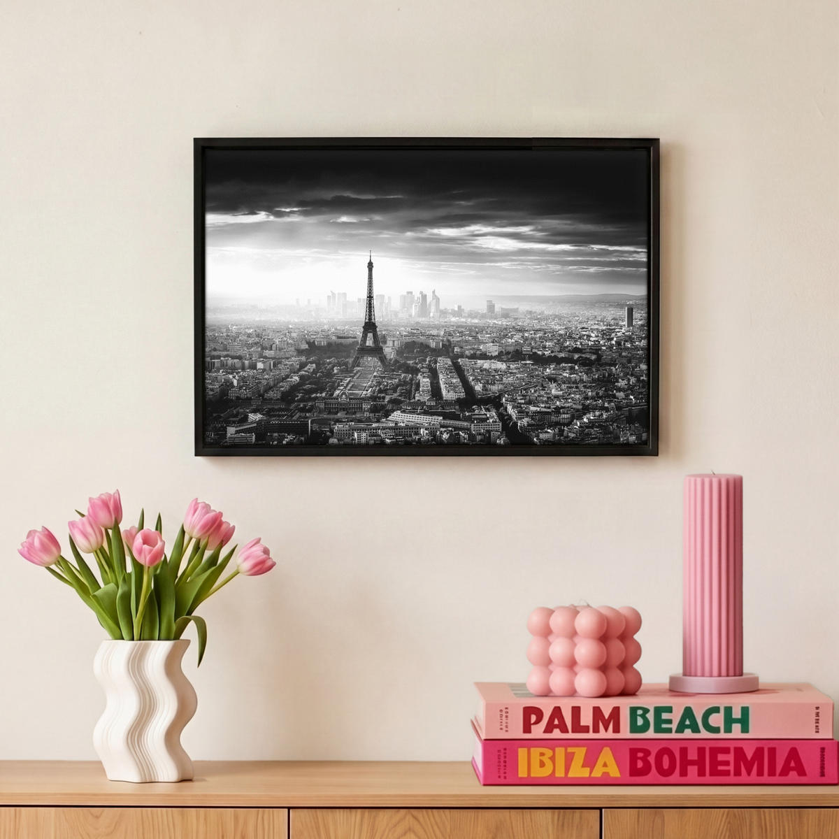 LEINWAND Bilder mit Rahmen - Paris - Skyline - Eiffelturm - Stadt - Wolken - 30x20 - Dunkelgrau, Textil (30/20cm) - MuchoWow
