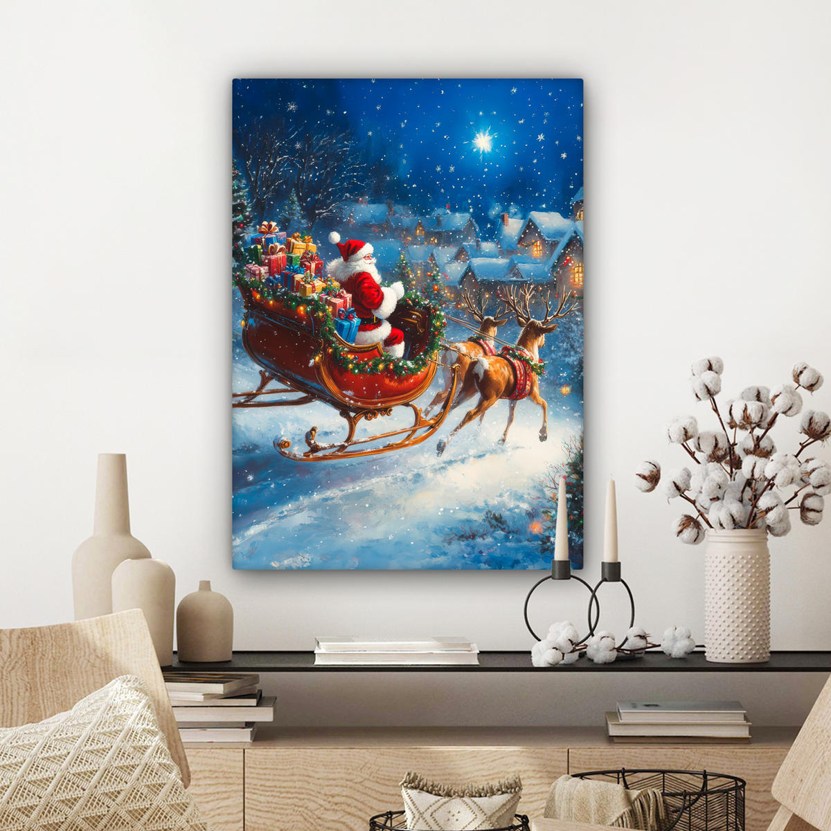 LEINWANDBILD Weihnachtsmann - Rentier - Weihnachten - Schnee 60x80 cm - Cognac, Textil (60/80cm) - MuchoWow