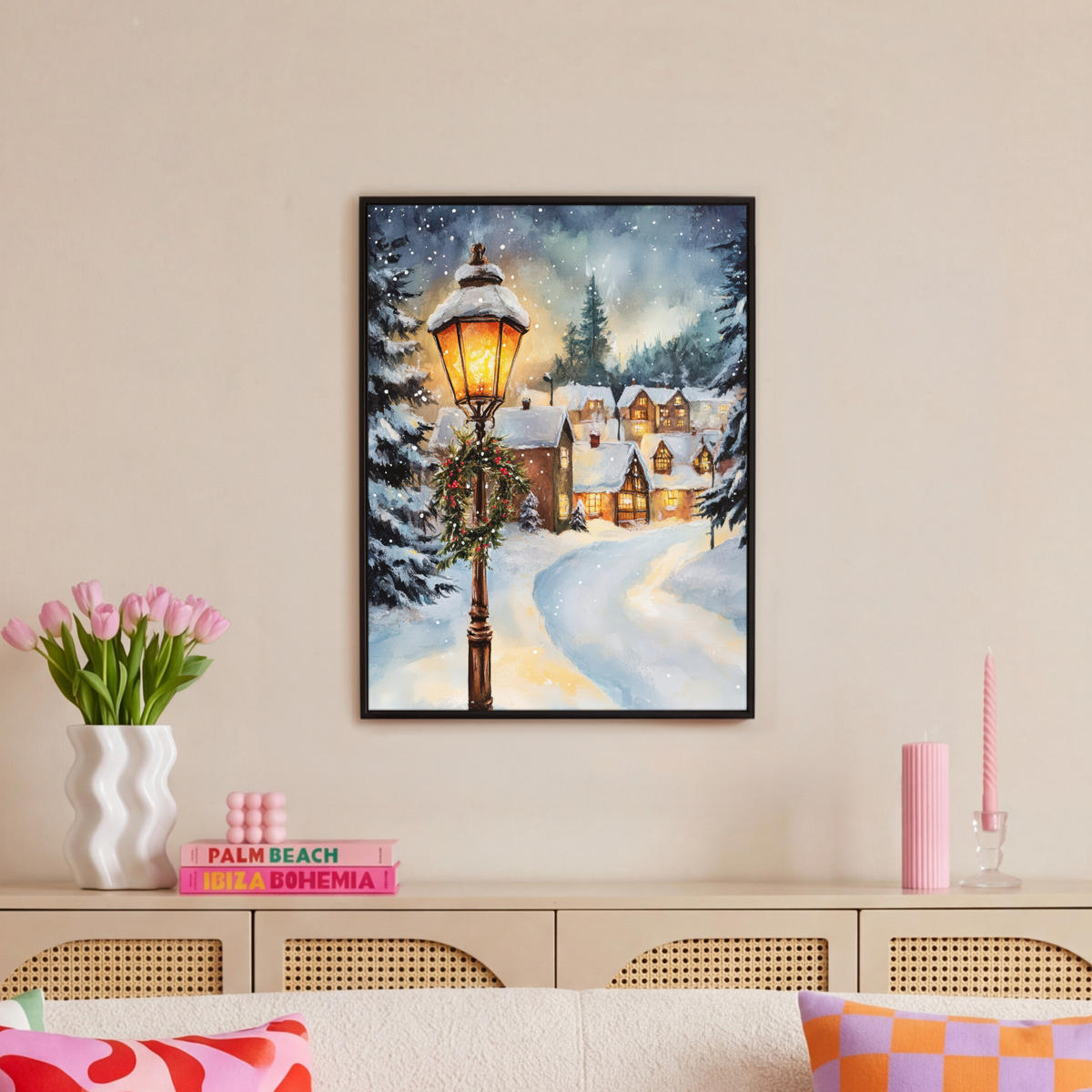 LEINWAND Bilder mit Rahmen - Weihnachtsdorf - Häuser - Schnee - Weihnachten - 60x80 - Sandfarben, Textil (60/80cm) - MuchoWow