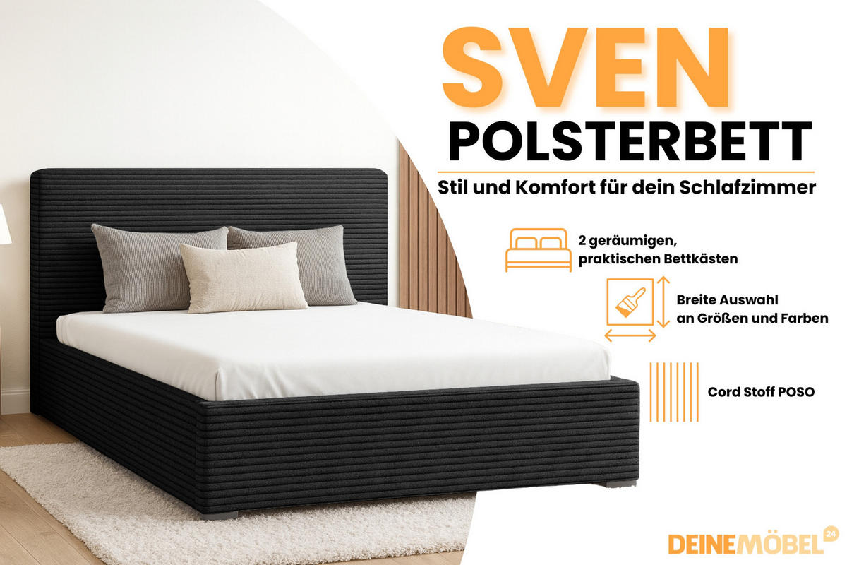 POLSTERBETT SVEN 140/200 in Cord Schwarz - Schwarz, Holz/Holzwerkstoff (140/200cm) - Deine Möbel 24