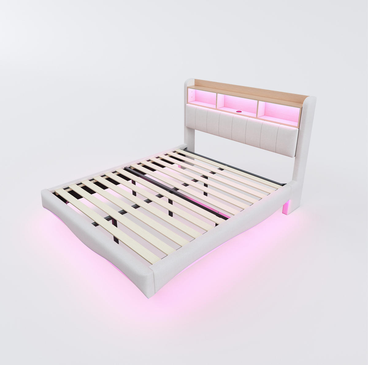 ČALÚNENÁ posteľ z látky 160x200 cm béžová s LED osvetlením, USB a USB-C, odkladacím priestorom - béžová, textil (160/200cm) - Modfu