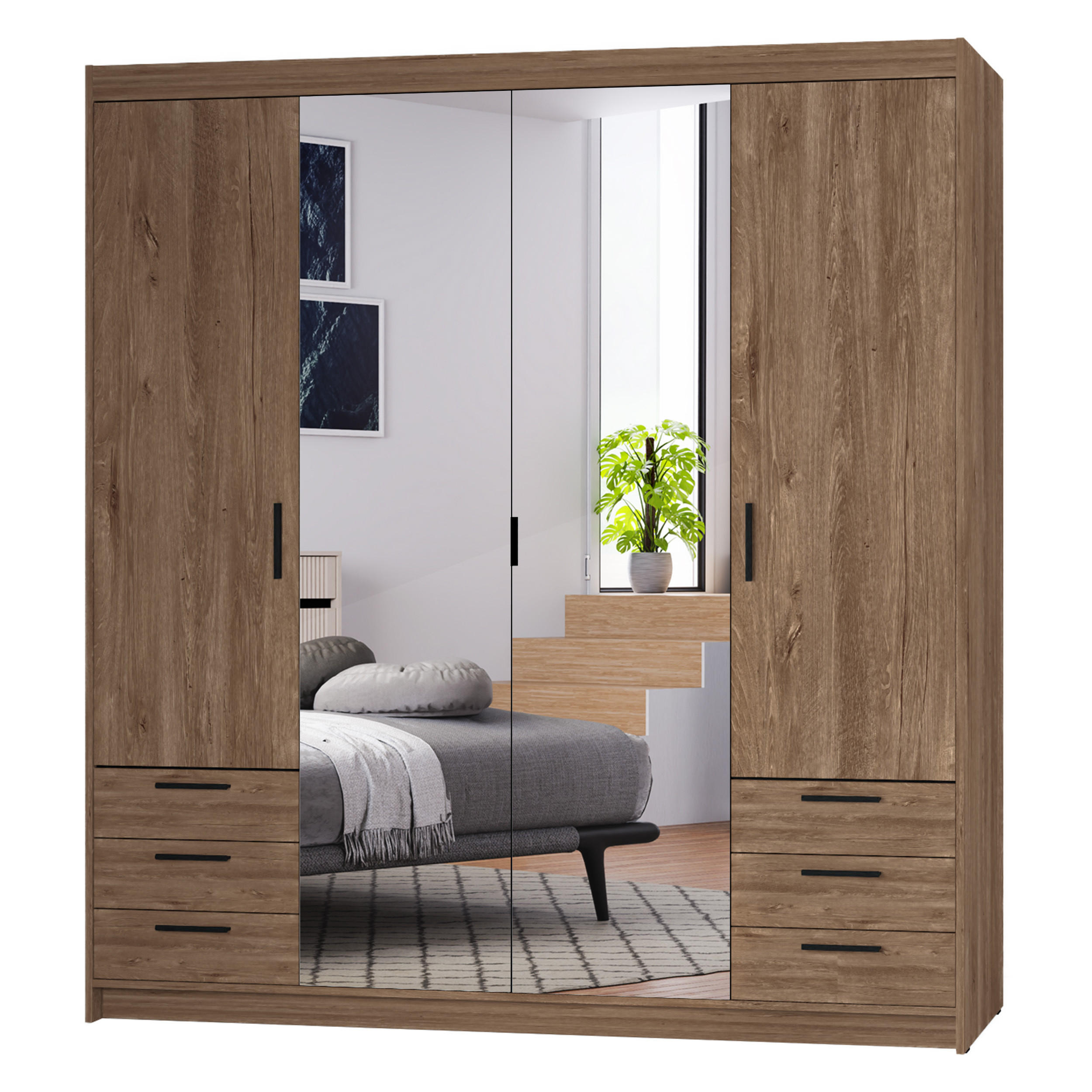 KLEIDERSCHRANK Storicos Eiche Lefkas 176,3/190,5/53 cm - 4T6S Modern mit Schubladen und Spiegel - Braun, Holzwerkstoff/Kunststoff (176.3/190.6/53cm) - AX Living
