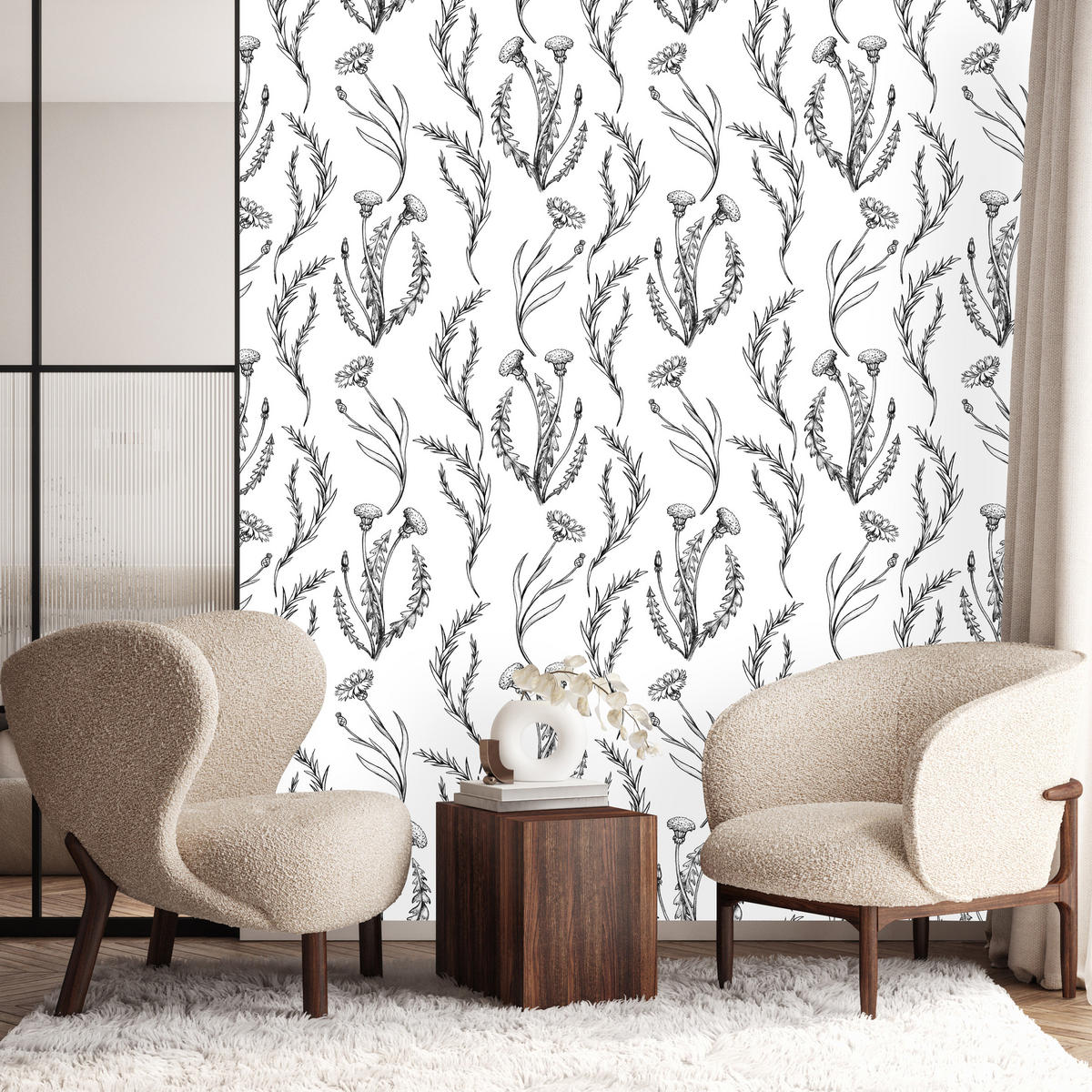 VLIESTAPETE Pusteblumen im Vintage-Stil – Schwarz, Weiß – 50x1000 cm - Schwarz/Weiß, Papier (50/1000cm) - Muralo