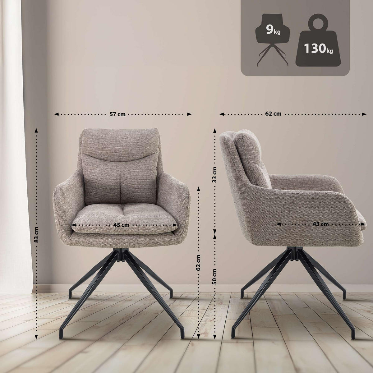 ESSZIMMERSTUHL 2er Set Stoff Taupe - Taupe, Textil/Metall (57/83/62cm) - CLP