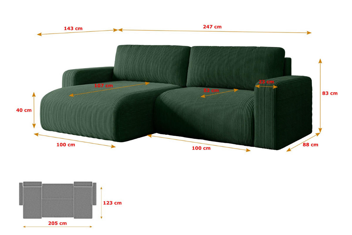 ECKSOFA mit Schlaffunktion und Bettkasten KLEEA-L - 247x143x83 cm Grün Cord - Schwarz/Grün, Holzwerkstoff/Kunststoff (247/143cm) - ALTDECOR
