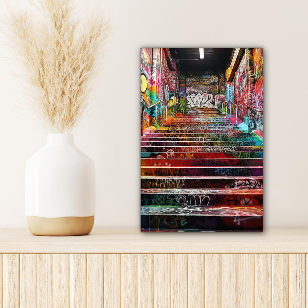 LEINWANDBILD Treppe - Graffiti - Farben - Kunst Deko Wohnzimmer 20x30 cm - Multicolor, Textil (20/30cm) - MuchoWow