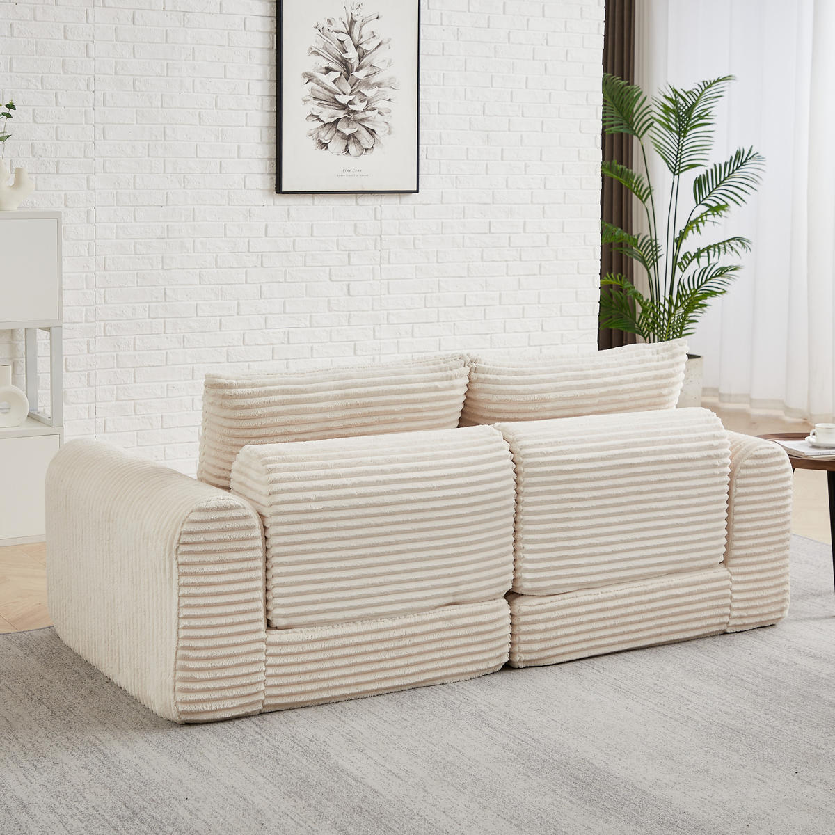 SCHLAFSOFA 2-in-1 aus Cord mit 2 Kissen und Hocker - Beige, Textil (194/53/243cm)