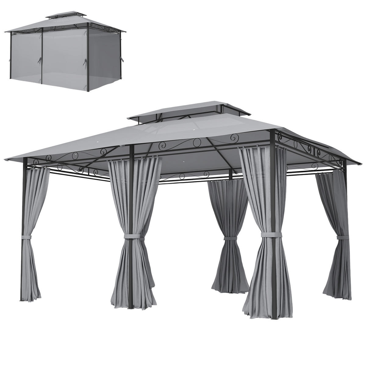 GARTENPAVILLON mit Vorhängen und belüftetem Dach, moderner Outdoor-Pavillon für Garten und Terrasse, Dunkelgrau - Dunkelgrau, Metall (400/280/300cm)
