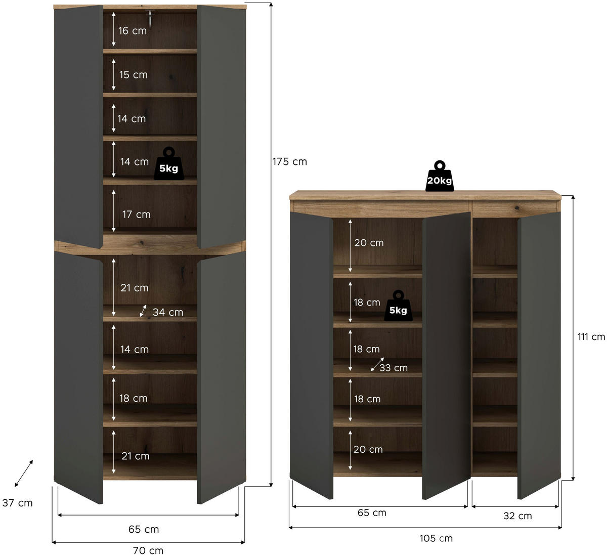 UNIVERSALSCHRANK Scarpa anthrazit/Evoke Oak Nachbildung 140/175/37 cm - Anthrazit, Holzwerkstoff (140/175/37cm) - Xonox