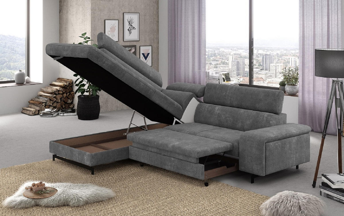 ECKSOFA mit Schlaffunktion und Bettkasten - Dunkelgrau/Schwarz, Kunststoff/Textil (262/215cm) - Cotta