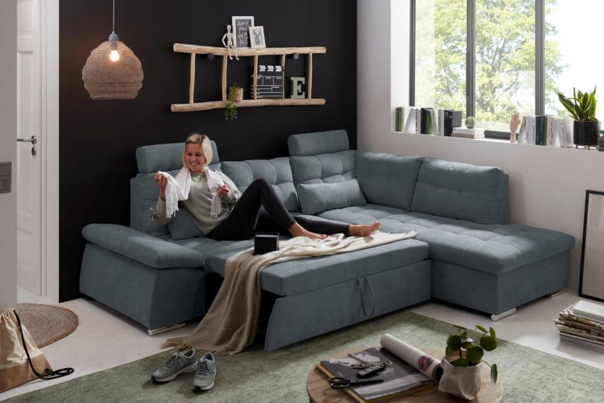 ECKSOFA mit Schlaffunktion, Bettkasten und verstellbarer Armlehne - Chromfarben/Anthrazit, Textil (219/260cm) - ed exciting design