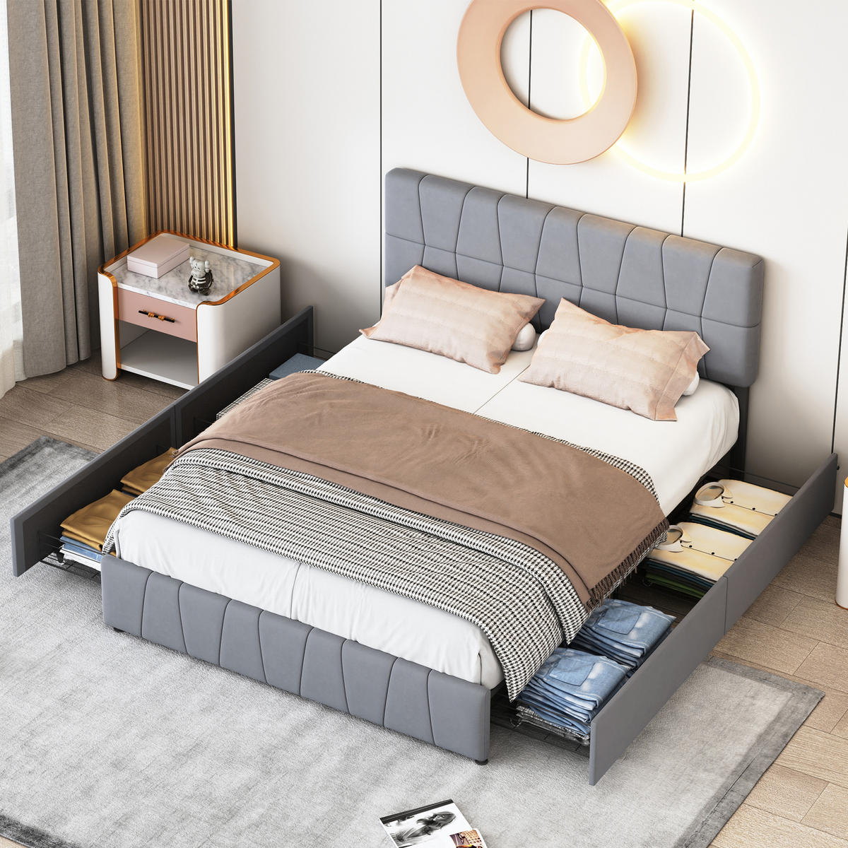 POLSTERBETT 180x200 cm, Grau, mit 4 Schubladen - Grau, Textil/Metall (180/200cm)