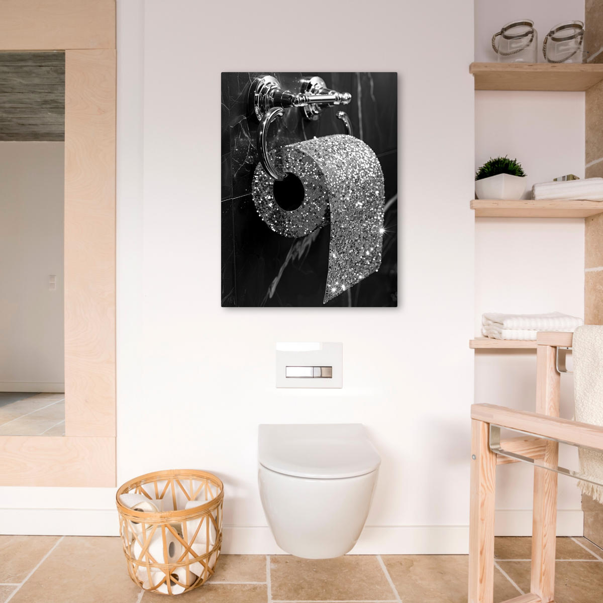 LEINWANDBILD WC - Toilettenpapier - Schwarz und weiß - Glitter 60x80 cm - Silberfarben, Textil (60/80cm) - MuchoWow