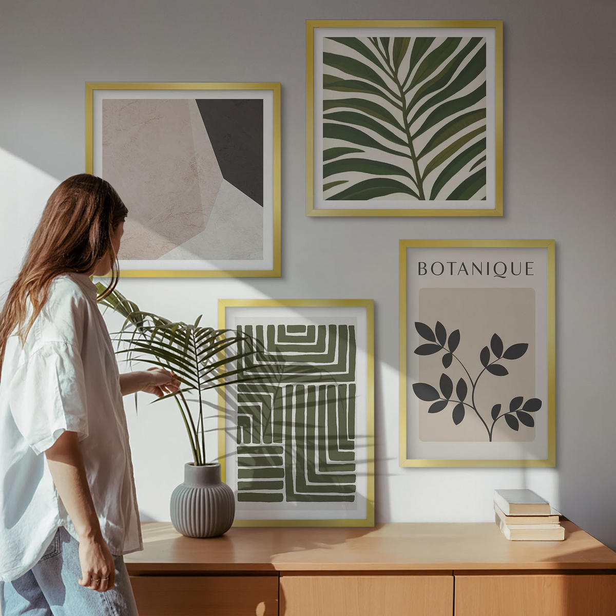 WANDBILDER 4er Set - 50x50 cm & 40x60 cm Goldrahmen - Botanische Boho-Kompositionen - Goldfarben, Kunststoff (50/50cm) - ArtPrintCave