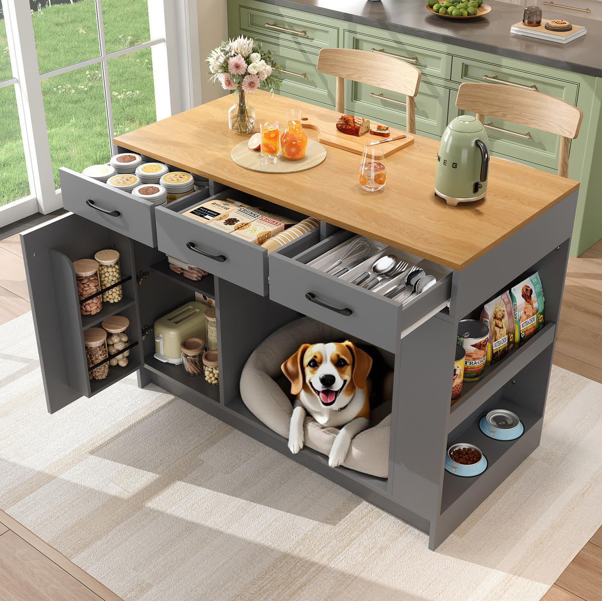 KÜCHENINSEL mit 3 Schubladen und Regalboden 120 x 60 x 90 cm Grey - Naturfarben, Holz (60/90/120cm) - Beauniv