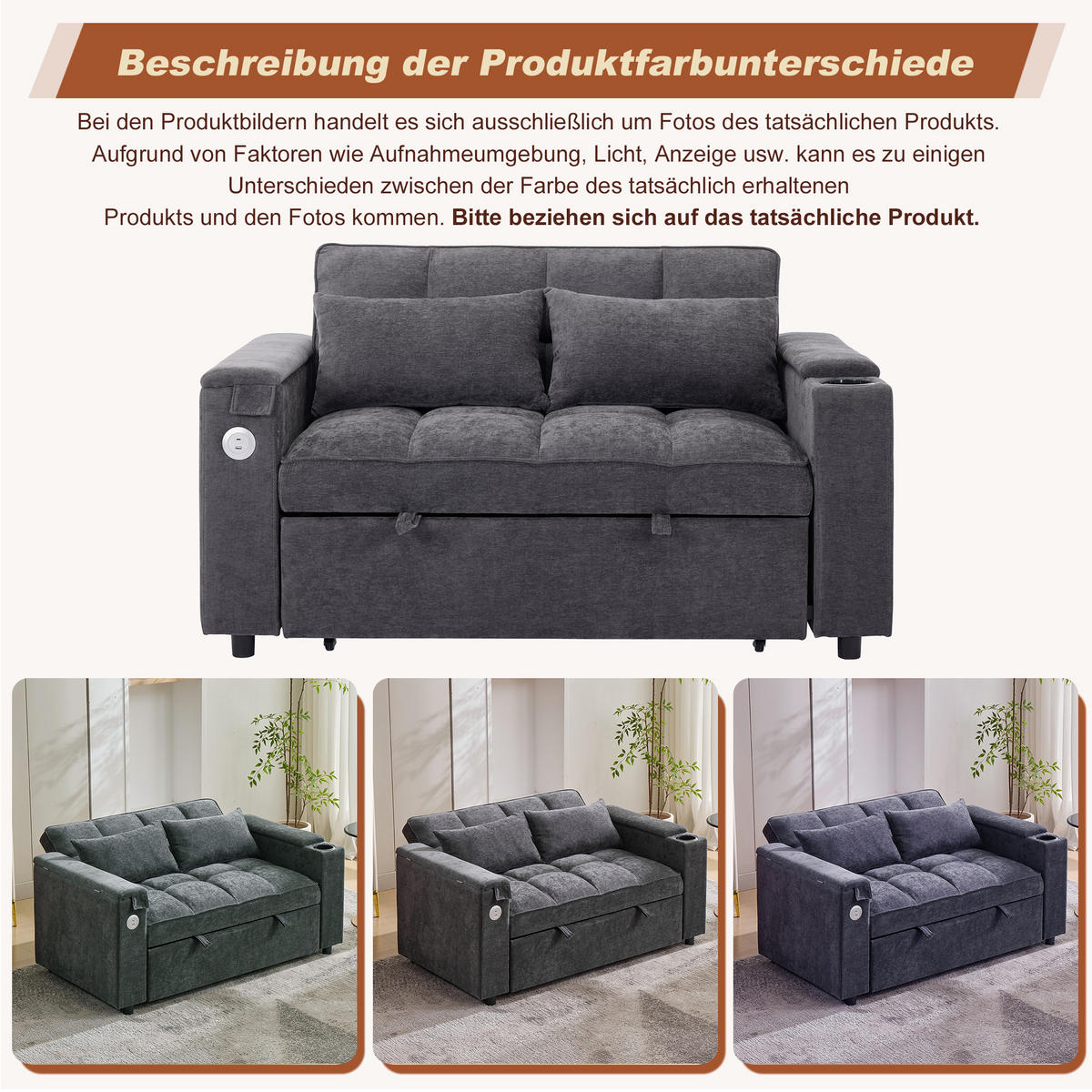 SCHLAFSOFA Stoff 3-in-1 mit USB-Anschluss, ausziehbar 140,5/74/82 cm (bis 161 cm), Grau - Grau, Textil (140.5/82/74cm) - Redom