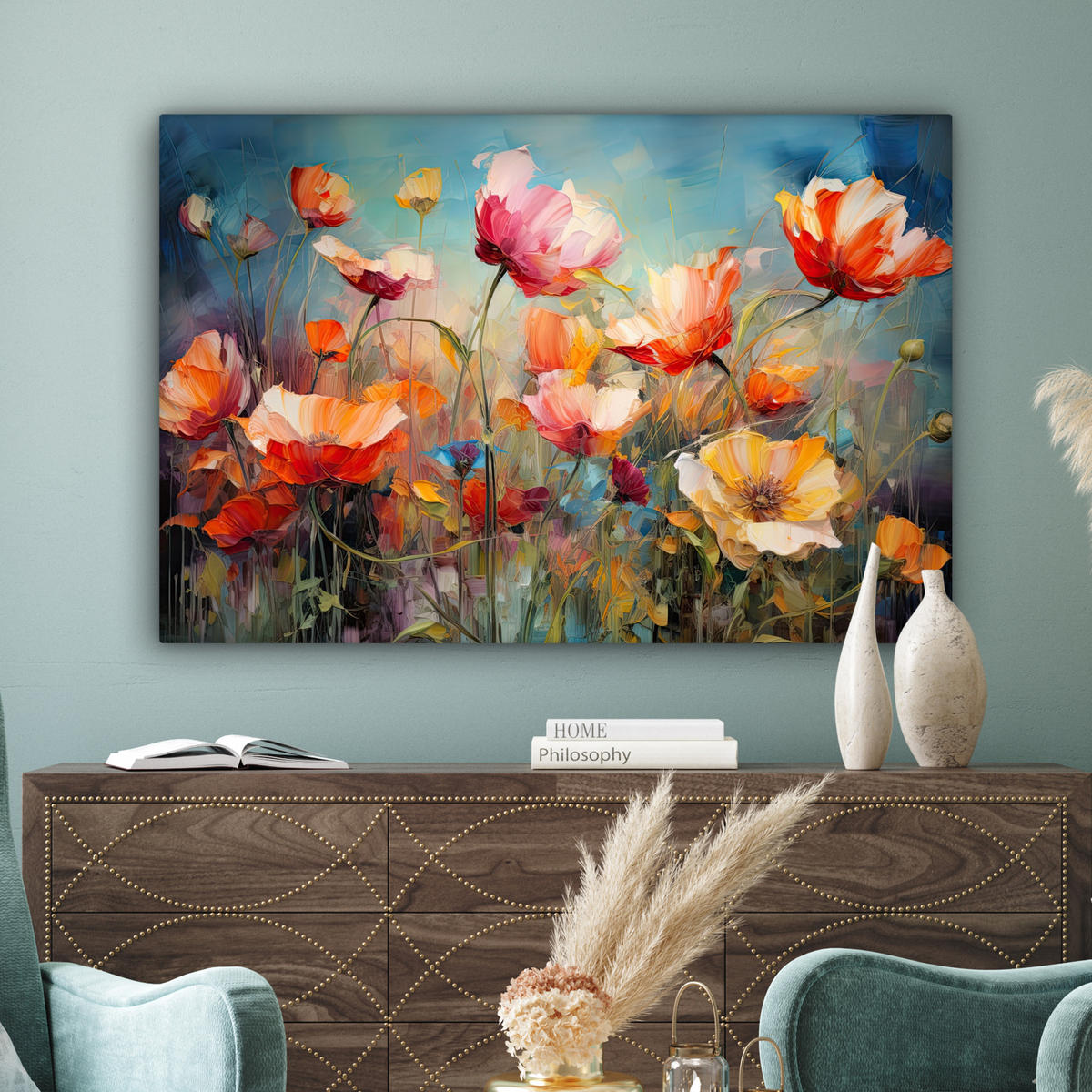 LEINWANDBILD Blumen - Aquarell - Kunst - Botanisch - Natur Wohnzimmer Groß 120x80 cm - Orange, Textil (120/80cm) - MuchoWow