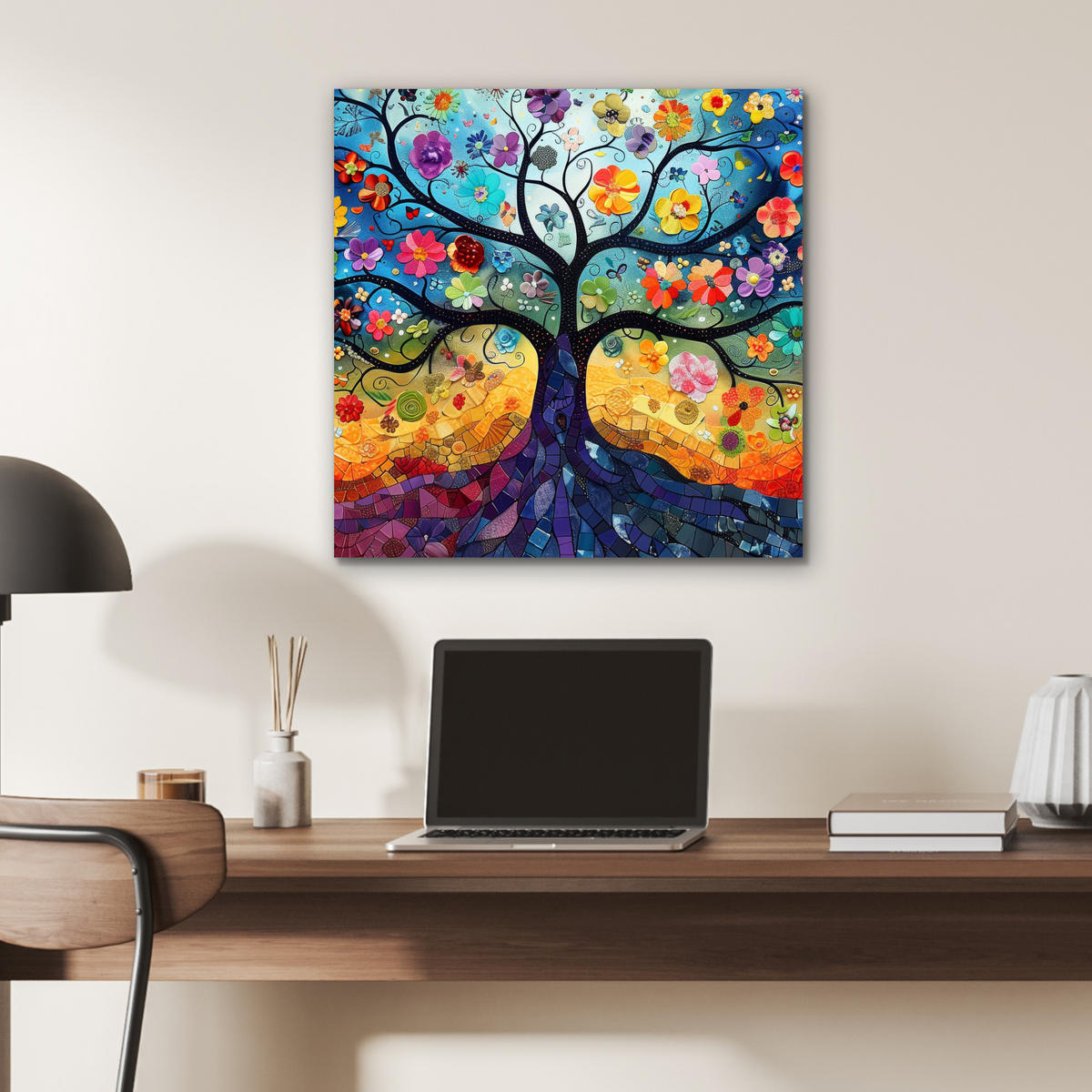 KOVOVÝ OBRAZ Umenie - Strom života - Kvety - Hippie 50x50 cm - tmavomodrá, kov (50/50cm) - MuchoWow