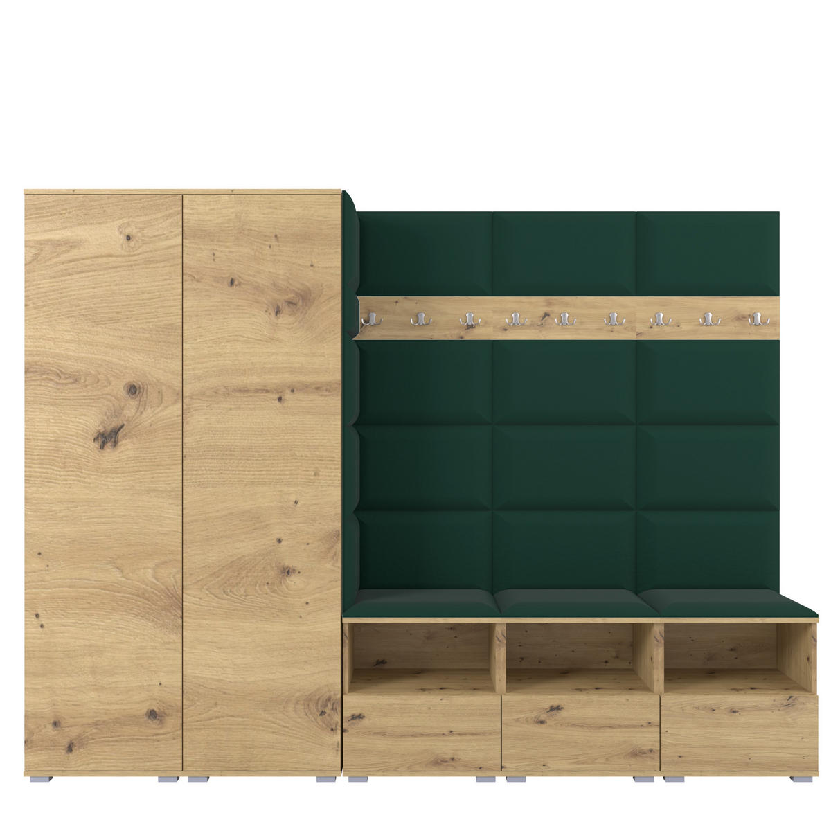 GARDEROBE NELA VII 250 cm (Modulare Flurmöbel XL Artisan Eiche mit Sitzpolster Flaschengrün 28 2 Schränke) - Dunkelgrün/Silberfarben, Holz/Holzwerkstoff (250/187/40cm) - Ravio