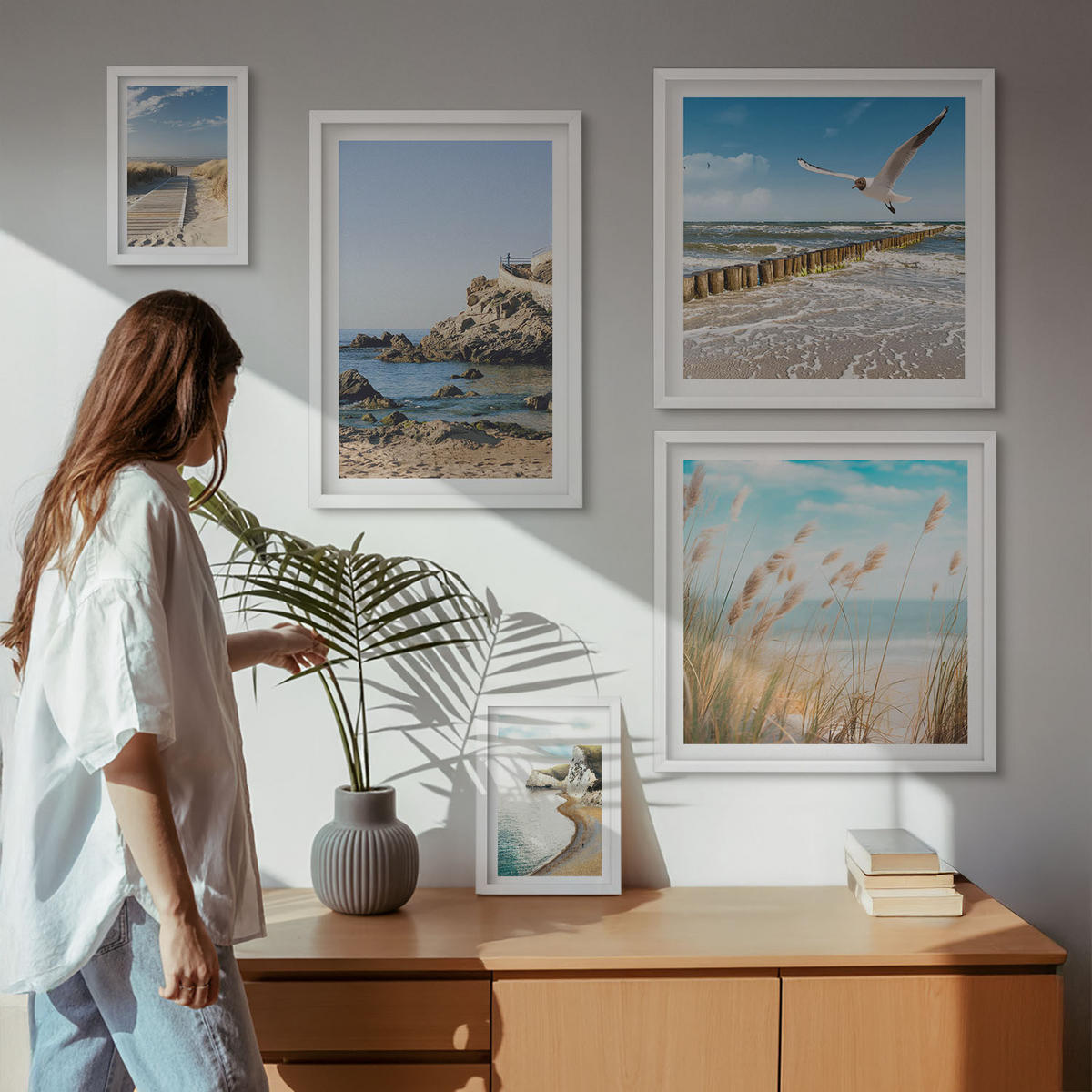 WANDBILDER 5er-Set - 50x50 cm & 20x30 cm & 40x60 cm Weißer Rahmen - Tropische türkisfarbene Inseln - Weiß, Kunststoff (40/60cm) - ArtPrintCave