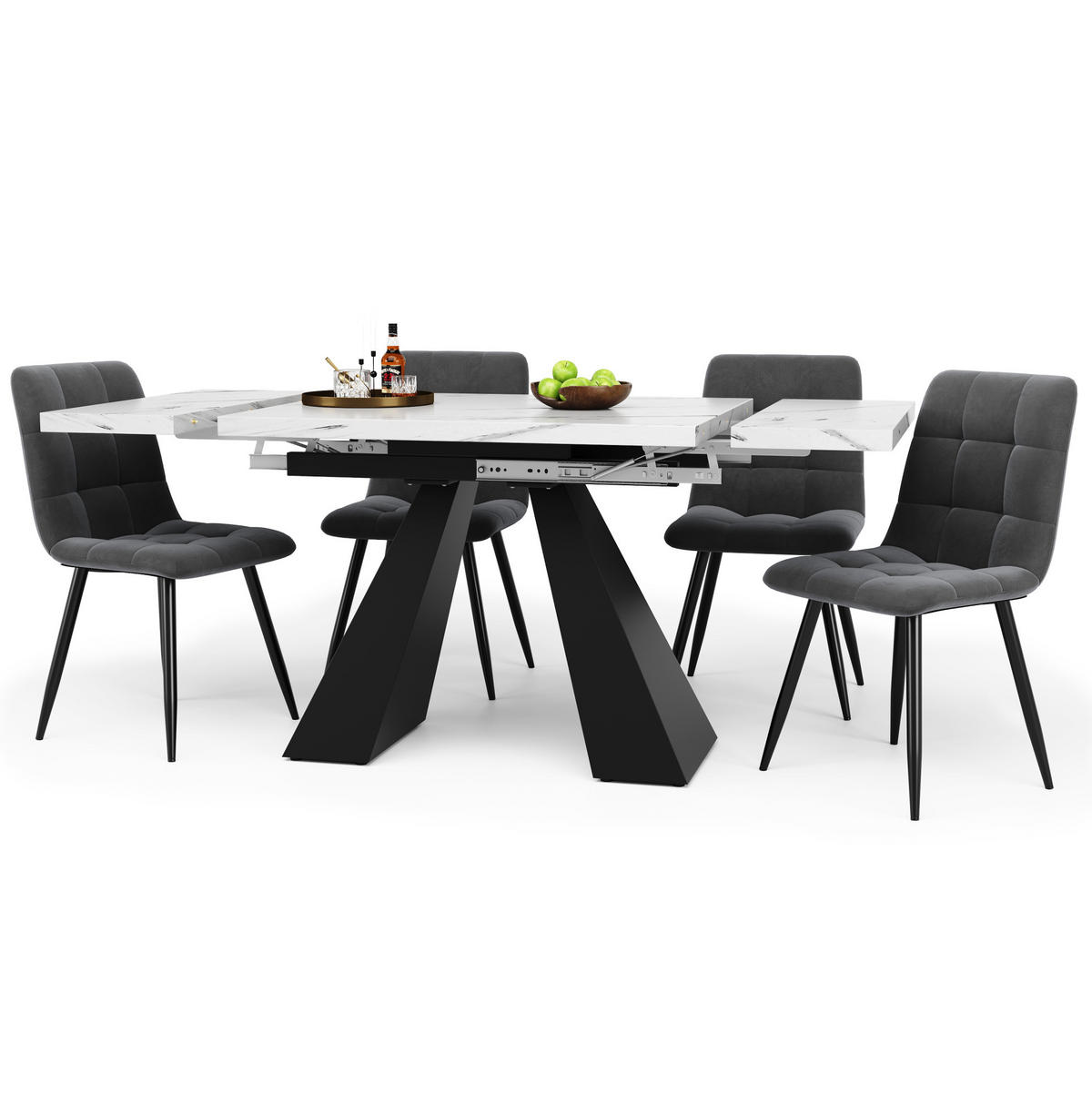 TISCHGRUPPE für 4 Personen mit 4 Polsterstühlen in Samt und Marmoroptik - Weiß, Holzwerkstoff (74/77/159cm) - BEAOK