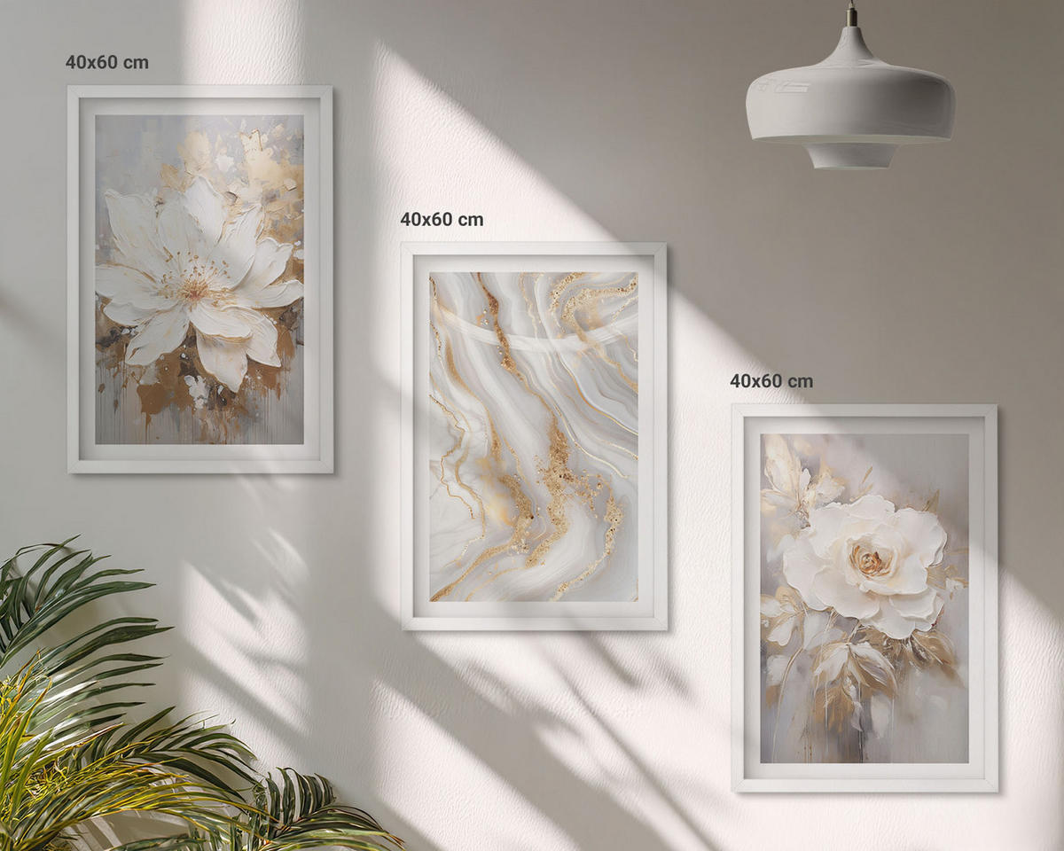 BILDER SET 3er Set - 40x60 cm Weißer Rahmen - Abstrakte Blumen aus Marmor - Weiß, Kunststoff (40/60cm) - TULUP