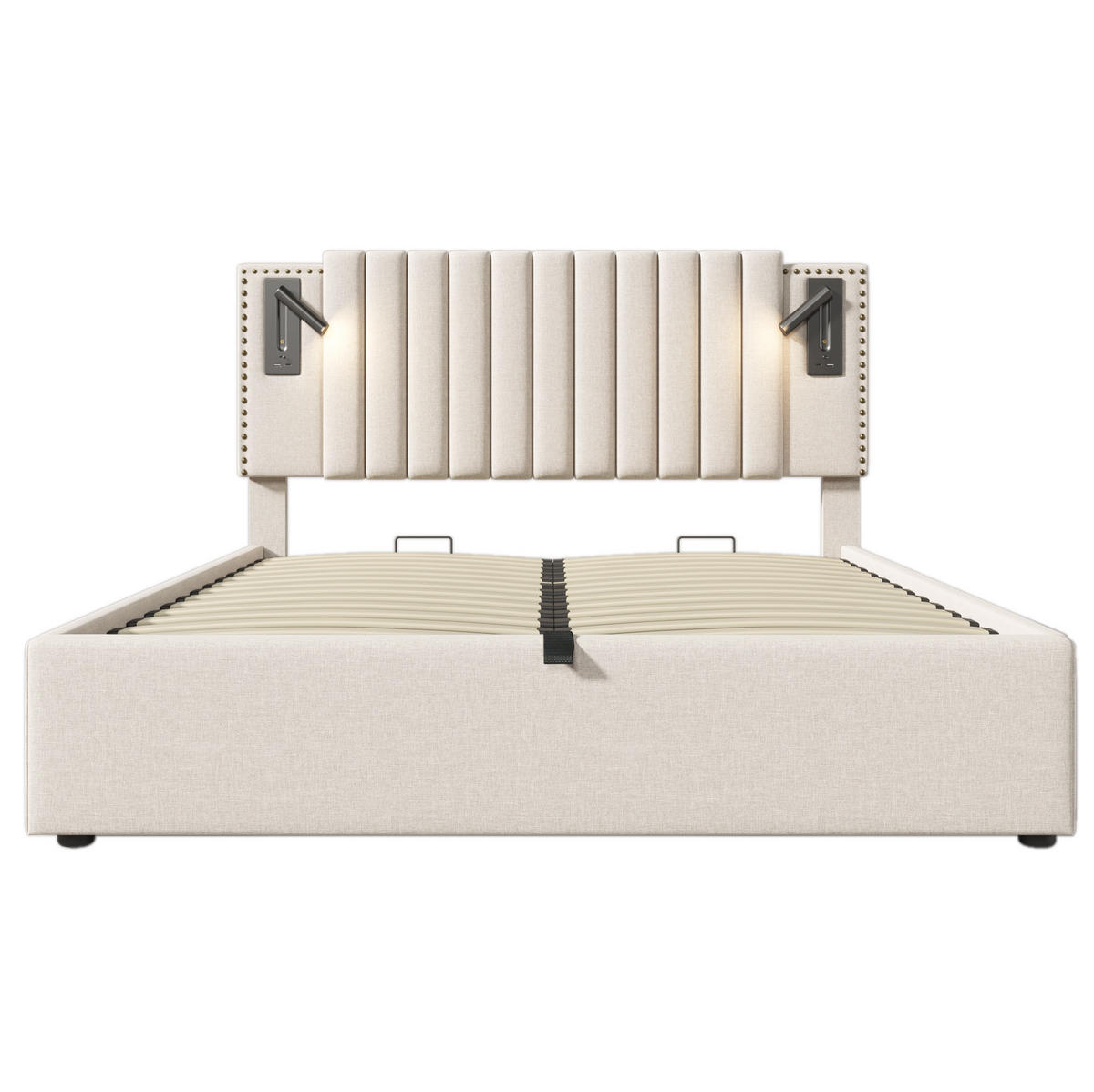 POLSTERBETT aus Baumwolle 140x200 cm Beige mit Bettkasten, Leselicht und USB-/USB-C-Anschlüssen - Beige, Textil (140/200cm) - IVMEU